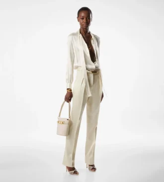 Pantaloni sartoriali con pieghe in twill di seta e lana
