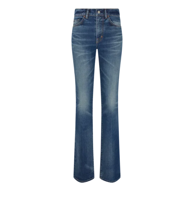 Pantaloni svasati in denim grezzo elasticizzato Pantaloni svasati in denim grezzo elasticizzato