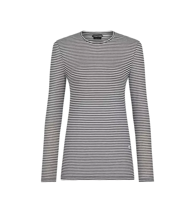 T-shirt a maniche lunghe a righe con logo TF ricamato tono su tono