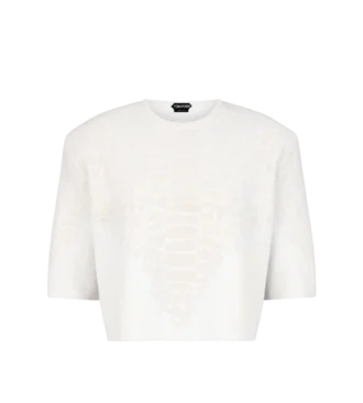 T-shirt girocollo in cashmere merino con dettaglio pitone goffrato in ciniglia di seta
