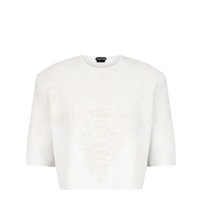 T-shirt girocollo in cashmere merino con dettaglio pitone goffrato in ciniglia di seta T-shirt girocollo in cashmere merino con dettaglio pitone goffrato in ciniglia di seta
