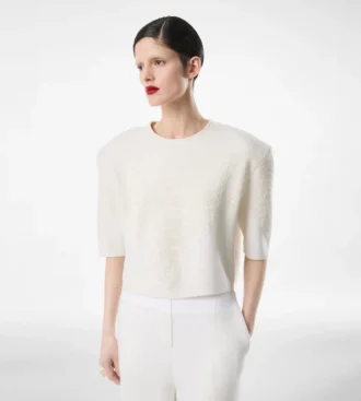 T-shirt girocollo in cashmere merino con dettaglio pitone goffrato in ciniglia di seta