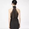 Top con scollo all’americana in georgette di seta a pois con dettaglio plissé